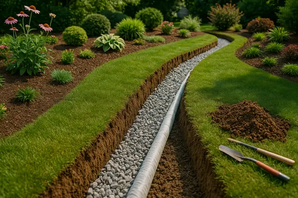 a pipe laid in a recent dug ditch from Dallas French Drain Installation in Dallas, TX - cost to put in a french drain