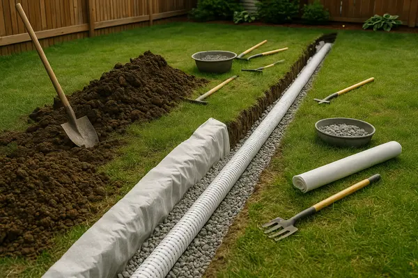 a pipe in a french drain ditch with some tools laying arround from Dallas French Drain Installation in Dallas, TX - cost to put in a french drain