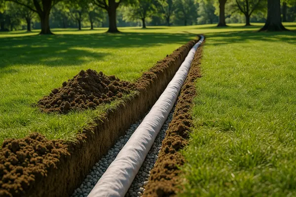 a large ditch with a large pipe in it from Dallas French Drain Installation in Dallas, TX - exterior french drain