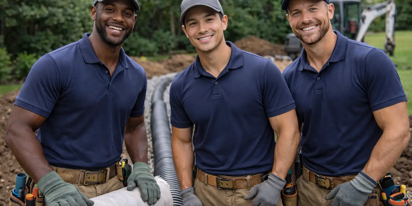 3 workers smiling at the camera from Dallas French Drain Installation in Dallas, TX - foundation french drain