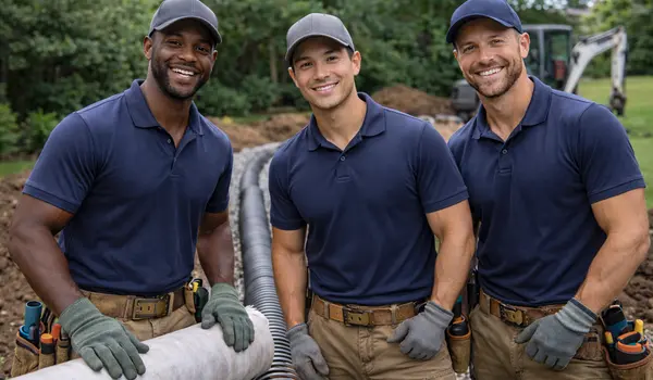 3 workers smiling at the camera from Dallas French Drain Installation in Dallas, TX - foundation french drain