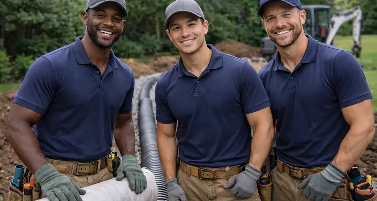 3 workers smiling at the camera from Dallas French Drain Installation in Dallas, TX - foundation french drain