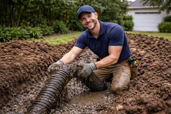 a contractor smiling while removing an old french drain pipe from Dallas French Drain Installation in Dallas, TX - foundation french drain