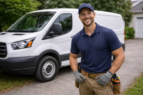 a french drain contractor smiling at the camera with a white van in the background from Dallas French Drain Installation in Dallas, TX - foundation french drain
