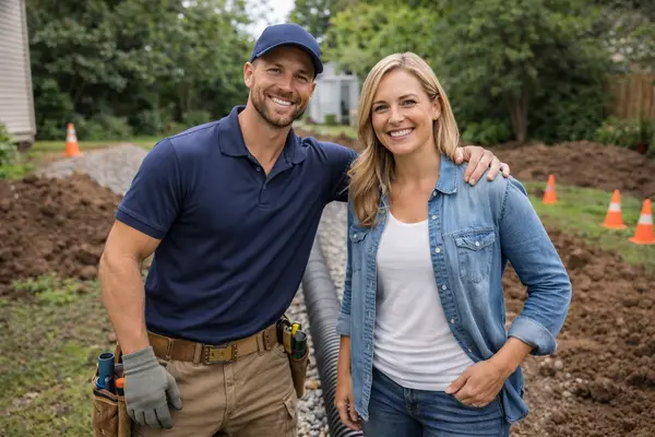 a french drain contractor with a customer smiling both at the camera from Dallas French Drain Installation in Dallas, TX - foundation french drain