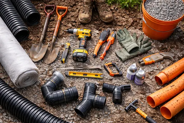 tools laying on the ground from Dallas French Drain Installation in Dallas, TX - foundation french drain