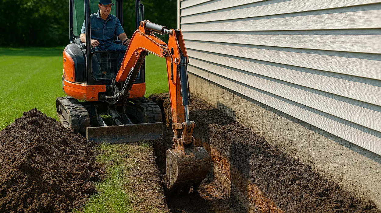 a worker with an excavator digging a ditch from Dallas French Drain Installation in Dallas, TX - french drain backyard