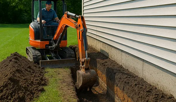 a worker with an excavator digging a ditch from Dallas French Drain Installation in Dallas, TX - french drain backyard