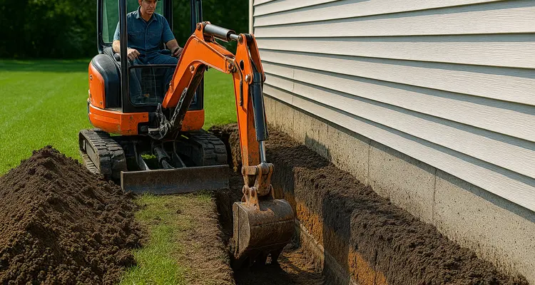 a worker with an excavator digging a ditch from Dallas French Drain Installation in Dallas, TX - french drain backyard