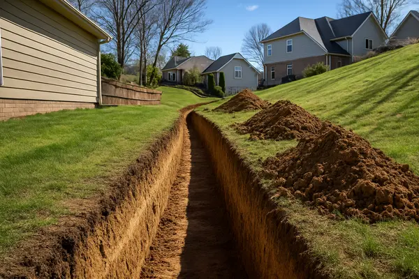 a large ditch ready for a french drain project from Dallas French Drain Installation in Dallas, TX - french drain backyard