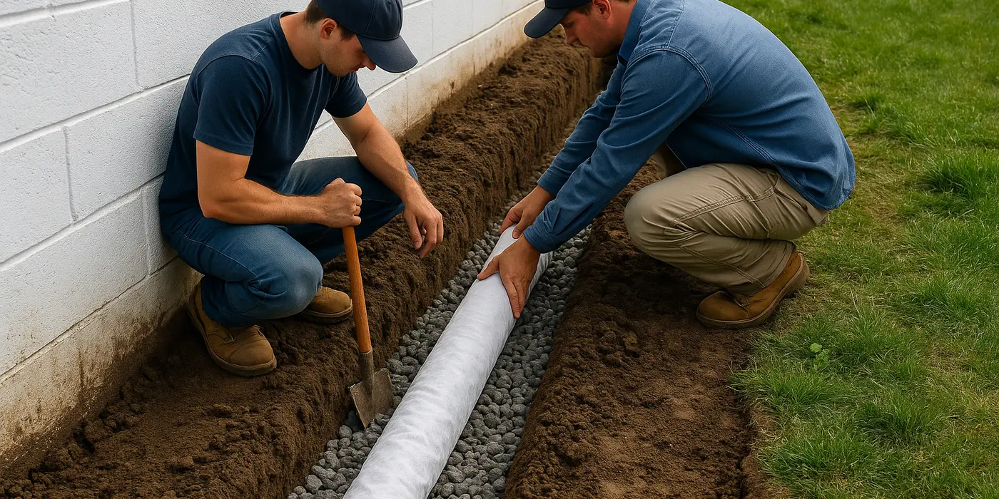 2 workers laying a pipe on a french drain ditch from Dallas French Drain Installation in Dallas, TX - french drain contractor