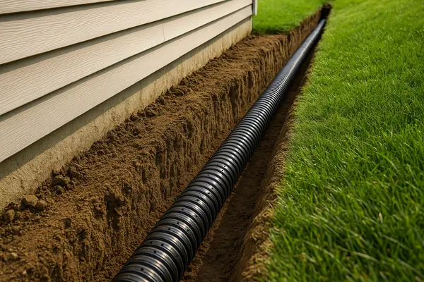 a perforated pipe laid on a ditch from Dallas French Drain Installation in Dallas, TX - french drain in crawl space