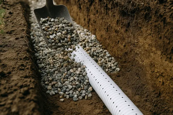 a shovel pouring gravel in a ditch to cover a pipe from Dallas French Drain Installation in Dallas, TX - french drain in crawl space