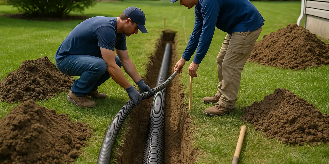 2 contractors laying pipes for a new french drain from Dallas French Drain Installation in Dallas, TX 