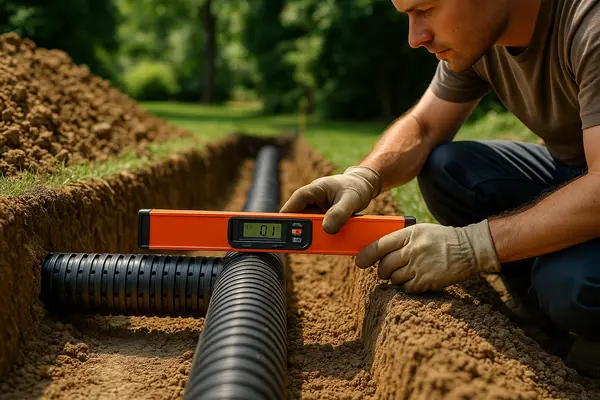 a contractor leveling a french drain pipe from Dallas French Drain Installation in Dallas, TX  