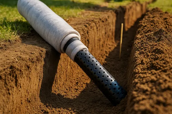 a french drain pipe in a dirt ditch from Dallas French Drain Installation in Dallas, TX  