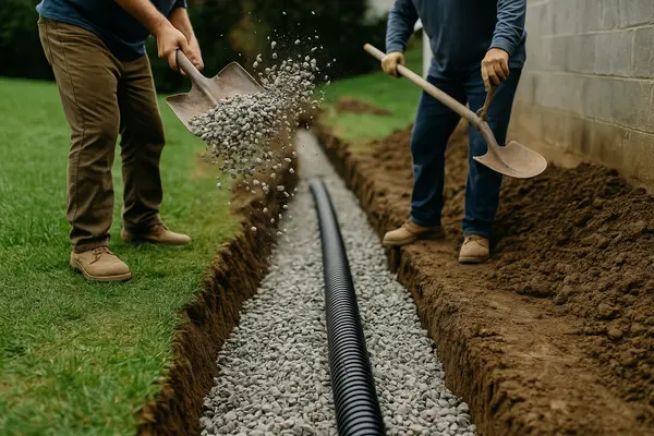 2 worker shoveling gravel in a ditch from Dallas French Drain Installation in Dallas, TX - french drain sump pump