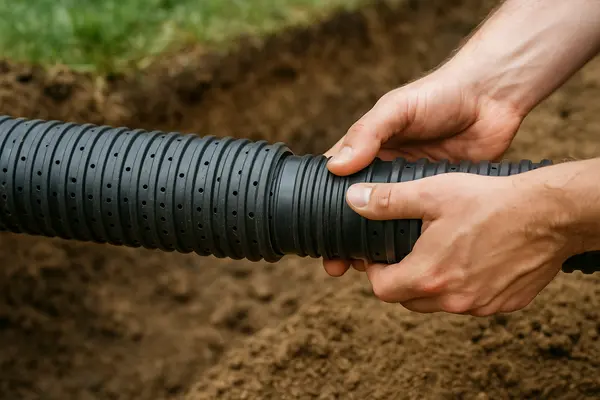 the hands of a worker holding a perforated pipe from Dallas French Drain Installation in Dallas, TX - french drain sump pump