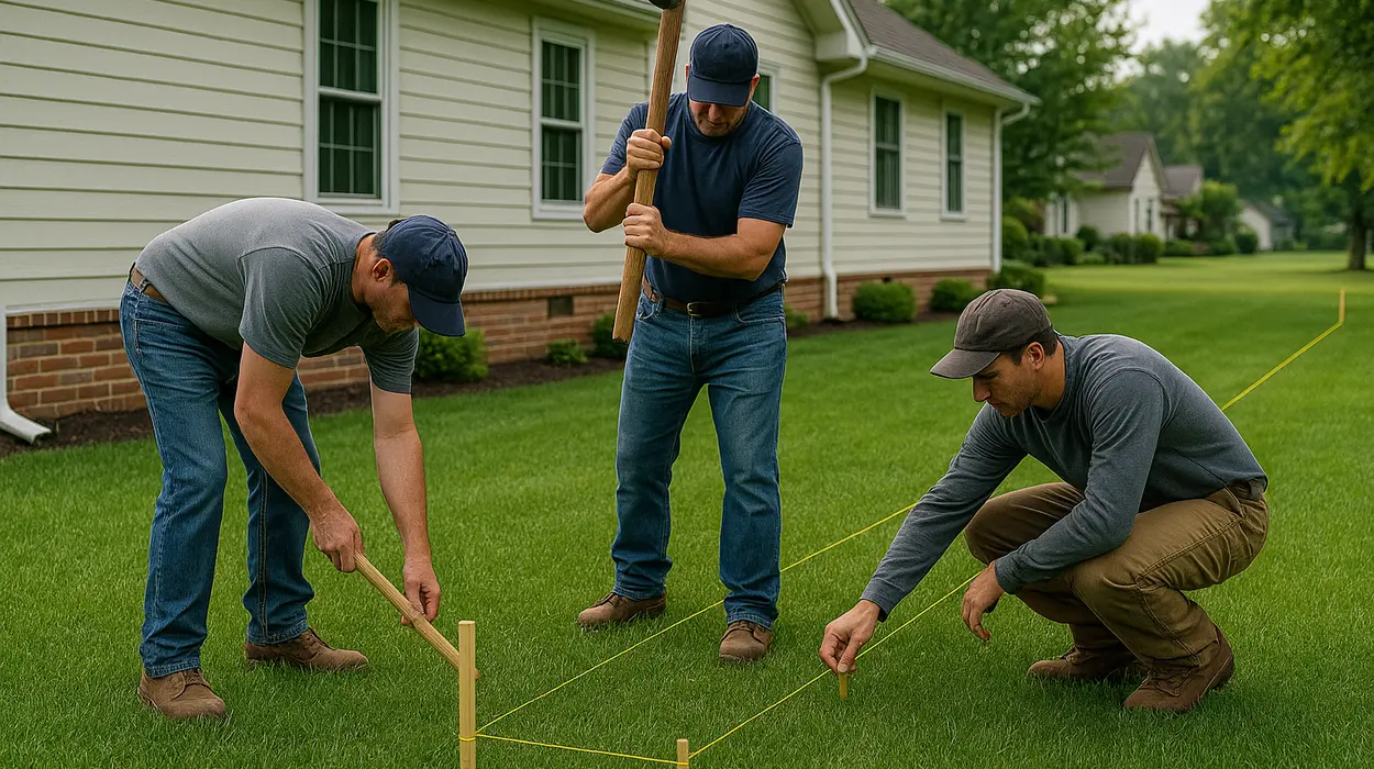 3 workers marking where to dig a french drain ditch from Dallas French Drain Installation in Frisco, TX - frisco TX