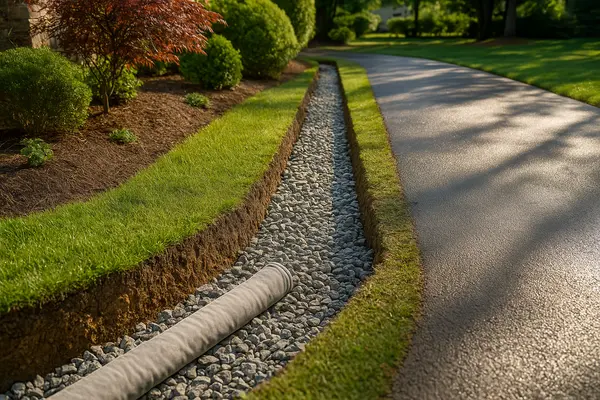 a ditch filled with gravel and a pipe laying in it from Dallas French Drain Installation in Garland, TX - Garland TX