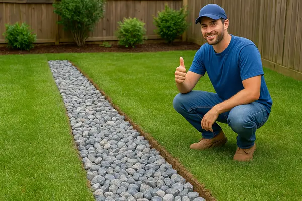 a french drain contractor smiling and giving a thumbs up from Dallas French Drain Installation in Dallas, TX - gravel french drain
