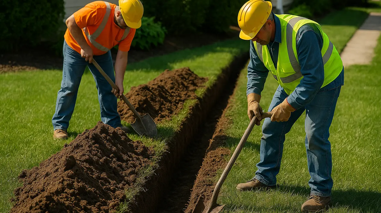 2 workers digging a ditch from Dallas French Drain Installation in Dallas, TX - interior french drain