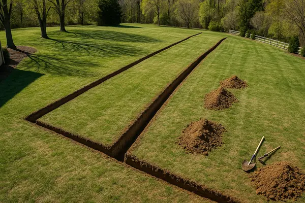 a ditch in a backyard for a french drain project from Dallas French Drain Installation in Dallas, TX - interior french drain