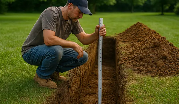 a french drain contractor measuring the depht of a ditch from Dallas French Drain Installation in Irving, TX - Irving TX