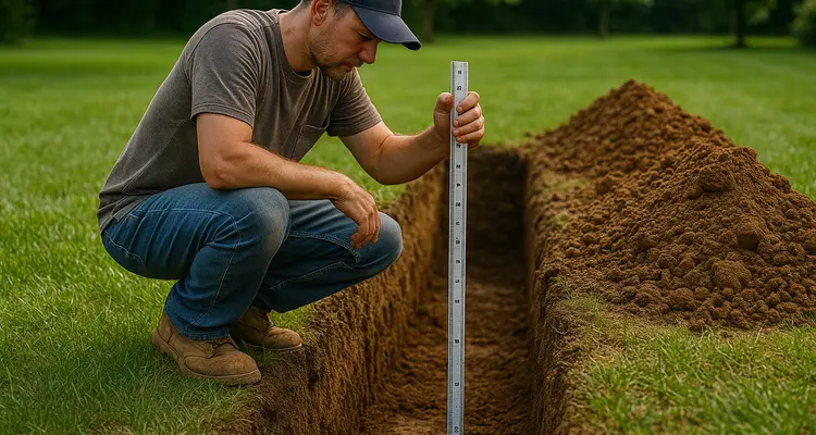 a french drain contractor measuring the depht of a ditch from Dallas French Drain Installation in Irving, TX - Irving TX