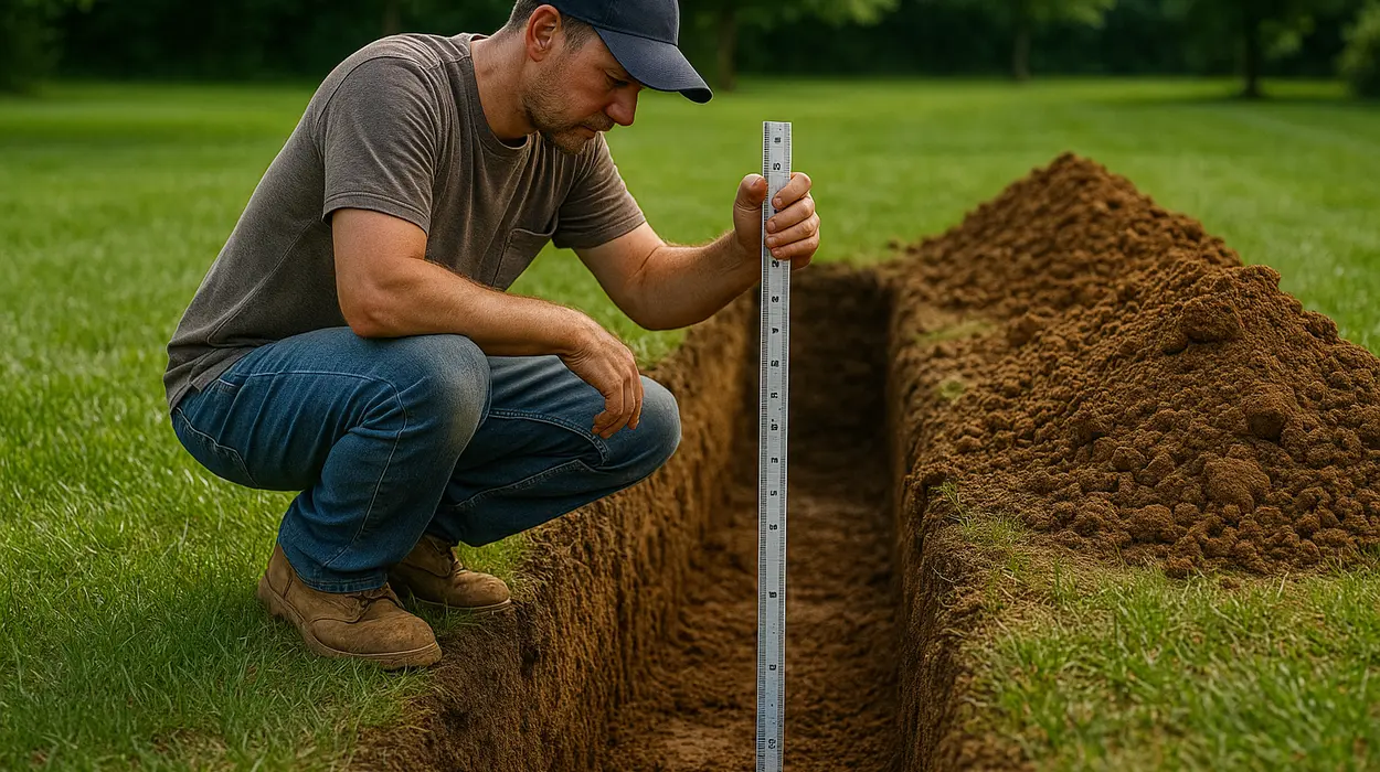 a french drain contractor measuring the depht of a ditch from Dallas French Drain Installation in Dallas, TX - laying a french drain