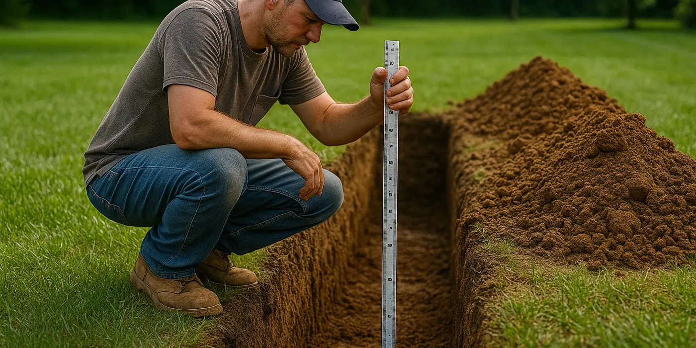 a french drain contractor measuring the depht of a ditch from Dallas French Drain Installation in Dallas, TX - laying a french drain