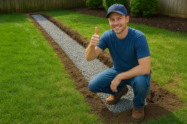 a french drain contractor squating giving a thumbs up from Dallas French Drain Installation in Dallas, TX - laying a french drain