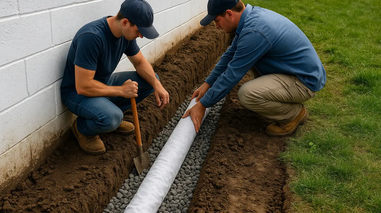 2 workers laying a pipe on a french drain ditch from Dallas French Drain Installation in Richardson, TX - Richardson TX