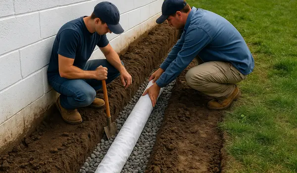 2 workers laying a pipe on a french drain ditch from Dallas French Drain Installation in Richardson, TX - Richardson TX