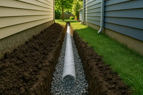 a pipe laying on gravel in a ditch from Dallas French Drain Installation in Richardson, TX - Richardson TX